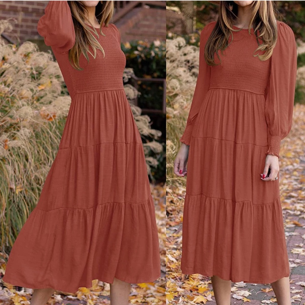 Casual Long Sleeve Crew Neck High Waist Smocked Flowy Tiered Midi Dress